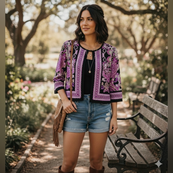 🌿Draper's & Damon's Women's 8P Purple Pink Black Multi Print Cropped Blazer - Picture 12 of 13